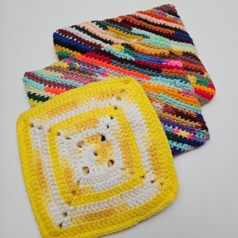 NEW Handknit Crochet 3pc Pot Holder Trio‎ Multicolor Yellow Boho Retro